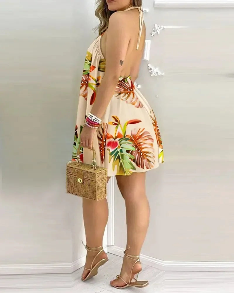 Dresses For Woman 2024 Sexy Sleeveless Backless Short Mini Dress Loose Halter Neck Print Beach Sundress Floral Vestidos S-3XL