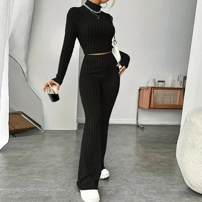 2Pcs/Set Women Knitting Outfit Turtleneck Long Sleeve Cropped Tops High Waist Flared Pants Slim Fit Ribbed Winter Outfit