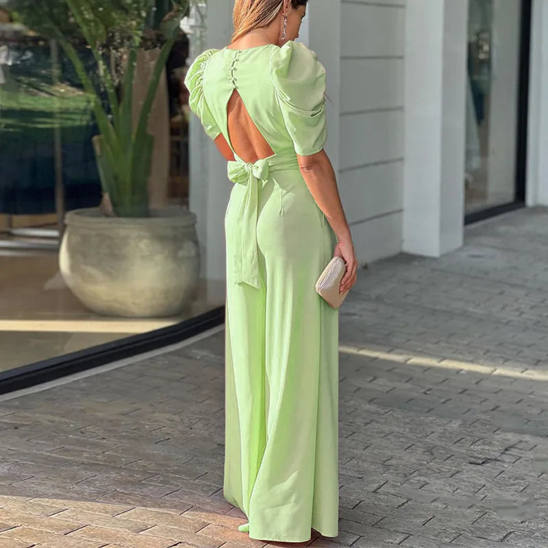 Women's Solid Color Short Sleeved Jumpsuit With V-neck Backless Waisted 2023 Elegant Casual Fashion Women's Wide Leg Jumpsuit