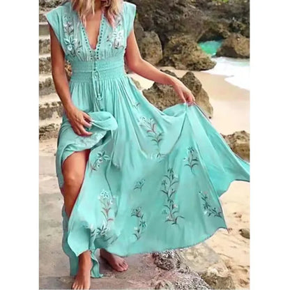 2024 New Summer Women's Deep V-neck Beach Bohemian Print Dress Ladies Sleeveless Sexy High Waist Lace-up Holiday Maxi Dress