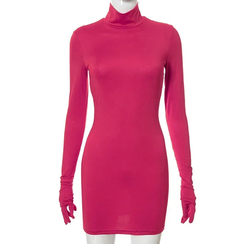 Sexy Women's Bodycon Dresses Long Sleeve Dress Women Mini Dress with Gloves Solid Half Turtleneck Dress Spring Autumn Party Club