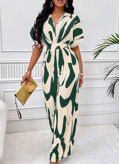 Sexy sleeveless women's V-neck jumpsuit, elegant suit with tight fitting print, one-piece, suitable for spring/summer 2024