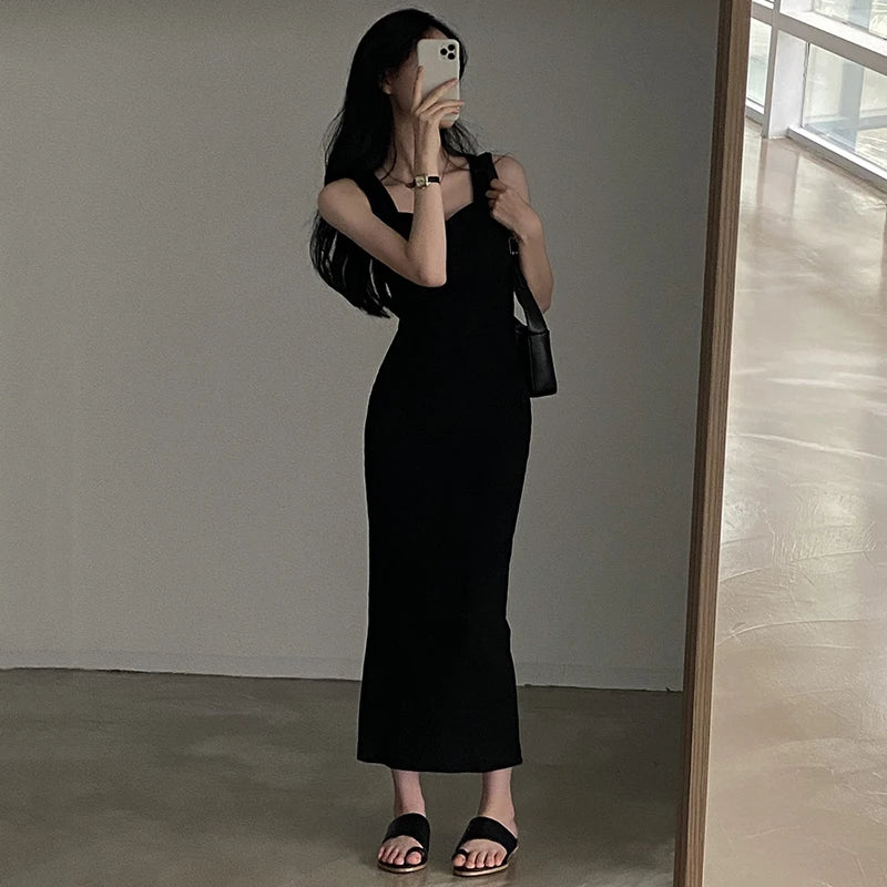 CIBBAR Basic Knit Long Dress Korean Fashion Square Collar Sleeveless Women's Dresses Summer Casual Y2k Vintage All-match Outftis