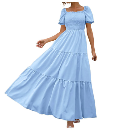 Women's Boho Loose Long Dress Crew Neck Short Sleeve Ruffle Hem A Line Flowy Maxi Dresses Female Summer Casual Holiday Dress