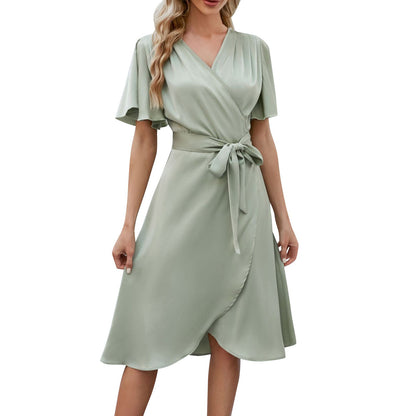 Spaghetti Elegant Ladies Dresses Summer Sale Satin V Neck Slim Waist Dress Bell Sleeve Summer Dresses For Women Plus Size