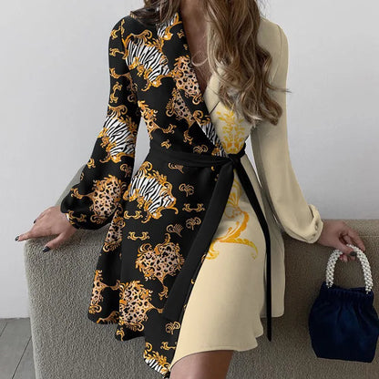 Fashion Floral Print Colorblock Tied Detail Work Dress For Women 2023 Autumn Long Sleeve V Neck Elegant Dresses Robe Femme