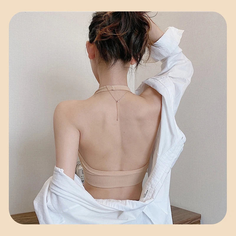 Women Backless Vest Sexy Bra Halter Wire Free Sport Bra Suspender Solid Lingerie Female Tops Beautiful Back Wire Free Sports Bra