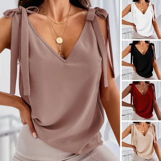 Summer Blouse Women Garment Women Summer Top Lace Up Deep V Neck Low-cut Solid Color Sleeveless Dress-up Loose Casual Soft