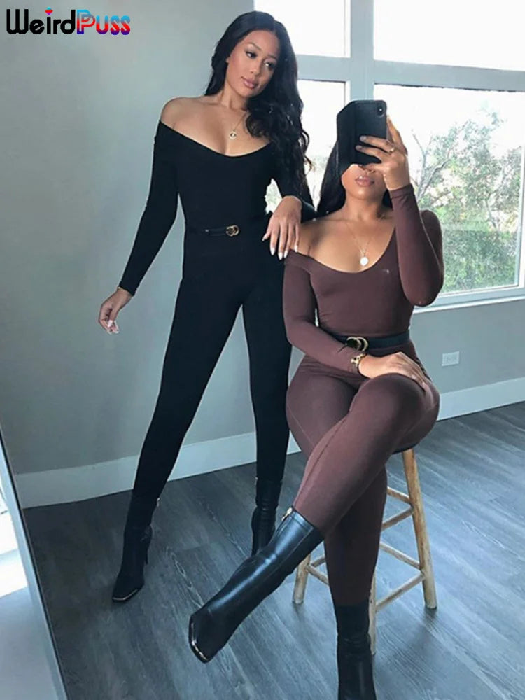 Weird Puss Spring Women Casual Long Sleeve Jumpsuits Stretchy Fitness Skinny Low-Neck Workout Fashion Streetwear Slim Outfits