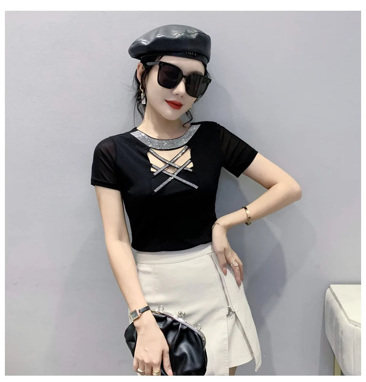 Girls Fake Diamonds O Neck T Shirts Crossed Hollow Out Summer Mesh Tops Lady Stretchy Slim Short Sleeve Chic Tshirt BH5067