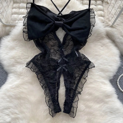 Underwear Sexy Camis Bodysuits Women Bow Hollow Out Fashion Open crotch Slim Playsuit Summer Singeric Lace Rompers Lingerie hot