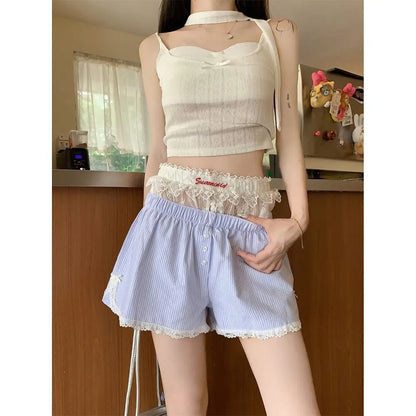 Sexy Cute Summer Striped Shorts Blue Pink Button Elastic Waist Shorts Lolita Lace Leggings For Women Girl