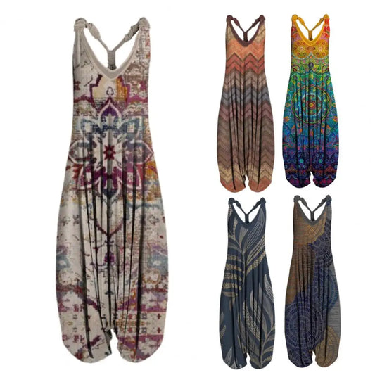 Vintage Ethnic Style S-4XL Women Casual Floral Rompers Loose Boho Casual Jumpsuits Sleeveless Print Strappy Jumpsuit 2022 New