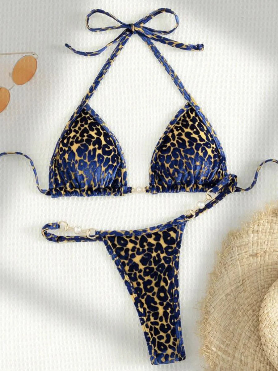 Sexy Leopard Velvet Bikini Mini Micro Thong Bikinis Women Swimwear Female Swimsuit Two-piece Bikini Set Halter Bathing Suit Swim