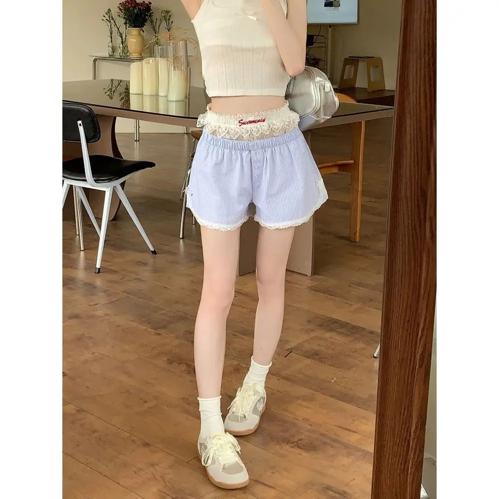 Sexy Cute Summer Striped Shorts Blue Pink Button Elastic Waist Shorts Lolita Lace Leggings For Women Girl