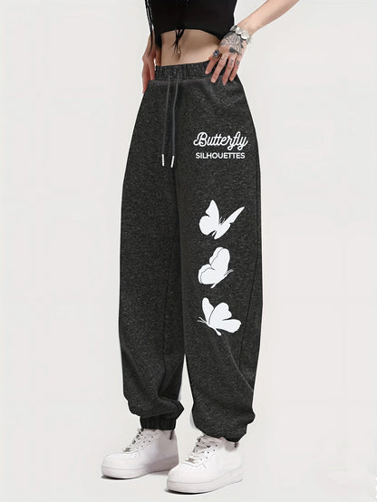 Butterfly Letter Printing Women's Elastic Waist Pants Jogger Fleece Drawstring Long Pant Fashion Casual Female Sports Sweatpants