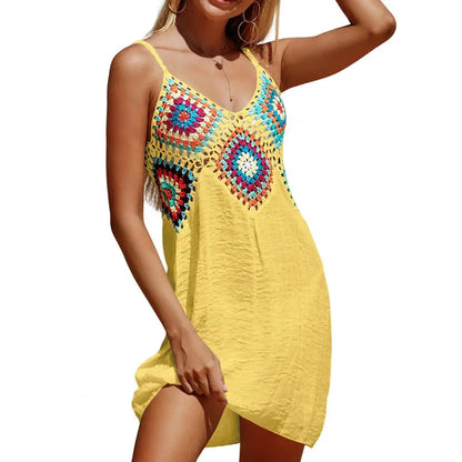 Women's Bikini Cover Up Fashion Beach Dress With Straps Breathable Hollow Out Summer Beach Cover Up Over The Knee Bikini Dress