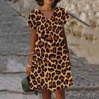 Oversized Summer Women 3D Printed Dress Casual Short Sleeve V-Neck Dress Fashion Elegant Female Sexy Classic Leopard Loose Dress