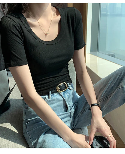 O Neck Knit White Crop Top Women Summer Casual T Shirt Basic Sexy Streetwear Ribber Black Short Sleeve Tops