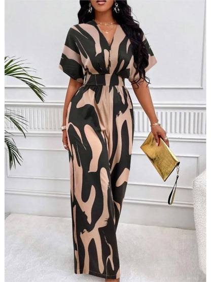 Sexy sleeveless women's V-neck jumpsuit, elegant suit with tight fitting print, one-piece, suitable for spring/summer 2024