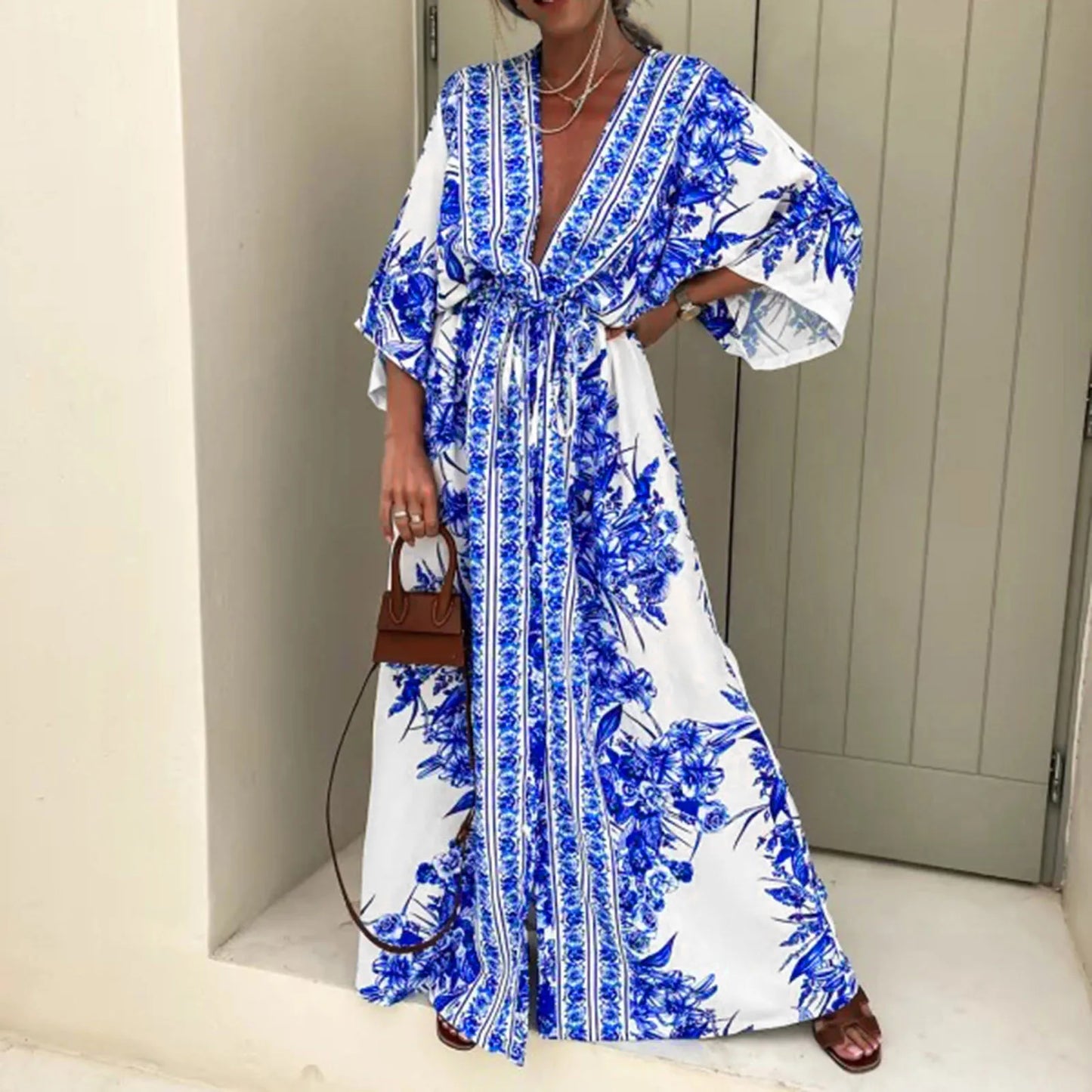 2024 Boho Print Half Sleeve Long Dress Women Fashion Japanese Kimono Lace-Up Robe Summer Sundress Holiday Beach Dress Vestidos