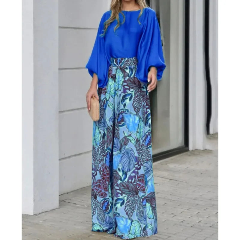 2024 Summer New Women's Clothing Set Lantern Sleeves Loose Top Printed Wide Leg Pants Two Piece Set Casual Ladies Trouser Outfit