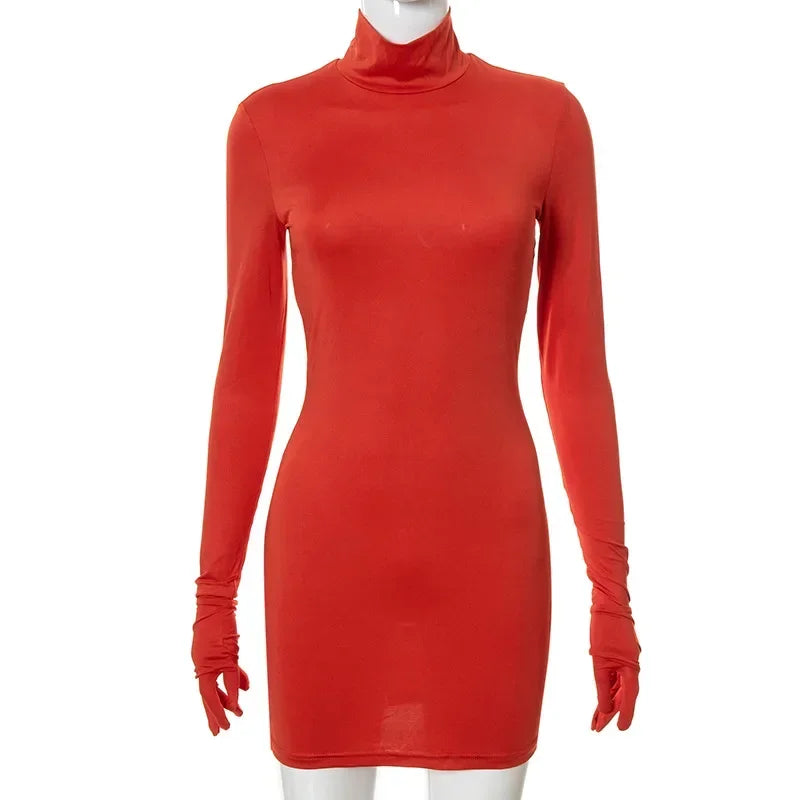 Sexy Women's Bodycon Dresses Long Sleeve Dress Women Mini Dress with Gloves Solid Half Turtleneck Dress Spring Autumn Party Club