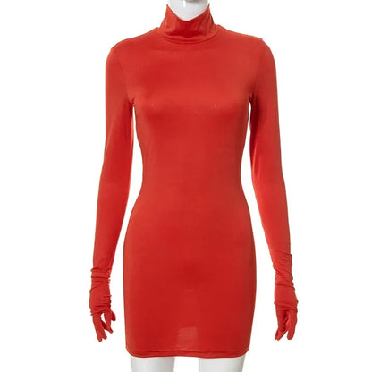 Sexy Women's Bodycon Dresses Long Sleeve Dress Women Mini Dress with Gloves Solid Half Turtleneck Dress Spring Autumn Party Club