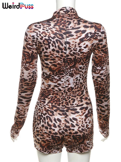 Weird Puss Leopard Print Romper Women 2024 Autumn Trend Hipster Long Sleeve O-Neck Skinny Stretch Streetwear Sexy Playsuits