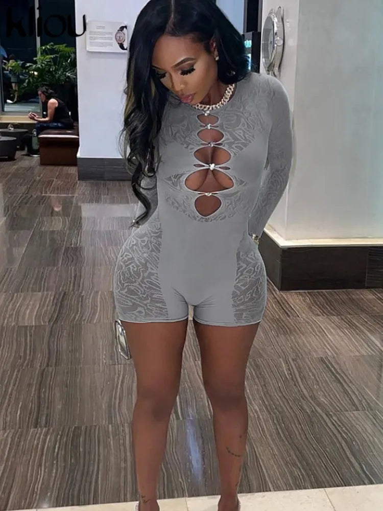 Kliou Mesh Hollow Out Diamond Short Stocking Lingerie Women Sexy O Neck Full Sleeves Body-shaping Romper Ladies Clubwear Overall