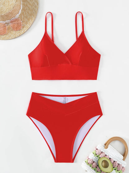 Sexy Cross  Bikini Set Deep V-neck Plain Swimming Suit  Fashion Cross High Waist Pants Sexy Bikini Suit