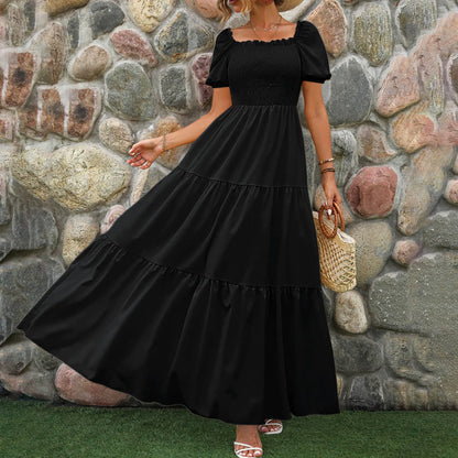 Women's Boho Loose Long Dress Crew Neck Short Sleeve Ruffle Hem A Line Flowy Maxi Dresses Female Summer Casual Holiday Dress