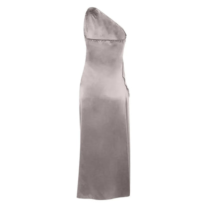 One Shoulder Shirring Slit Outfits Dress Women Sexy Satin Summer Temperament Outfits Dress Slim Solid Color Long Outfits платье