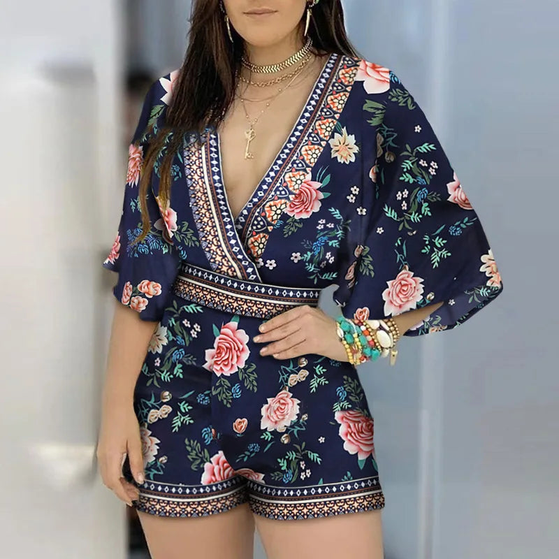 Women's Jumpsuit Casual Summer New Floral Print Deep V Neck 3/4 Sleeve Playsuit 2024 Woman Party Beach Playsuits