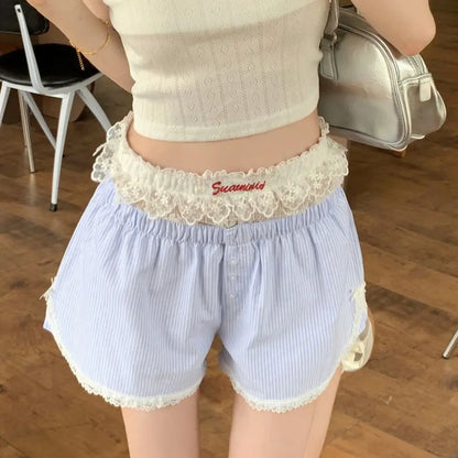 Sexy Cute Summer Striped Shorts Blue Pink Button Elastic Waist Shorts Lolita Lace Leggings For Women Girl