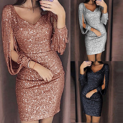 2024 New Women Sexy Dresses Glitter Sparkly Sequin Tassel Sleeves V Neck Club Mini Skinny Sundress Elegant Ladies Party Dresses