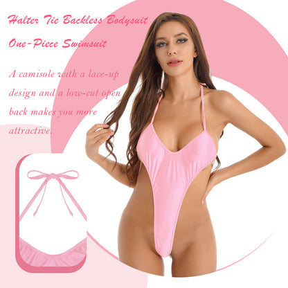 Women's Bikinis Glossy Monokini One Piece Bathing Suit Halter Lace-Up Thong Bodysuit Backless Teddy Babydoll Lingerie Nightwear