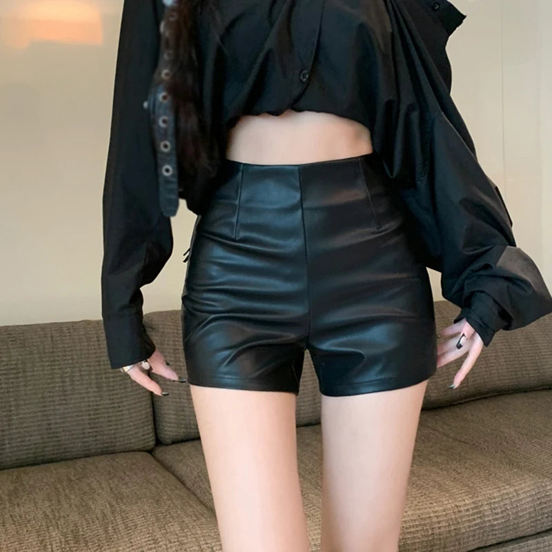 Leather Shorts Black Y2k Shorts Women's Spring and Summer High Waist Bag Hip Sexy Pu Leather Bottoming Elastic Tight Shorts