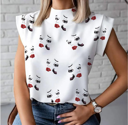 Fashion Women Elegant Lips Print Tops and Blouse Shirts 2024 Summer Ladies Office Casual Stand Neck Pullovers Eye Blusa Tops