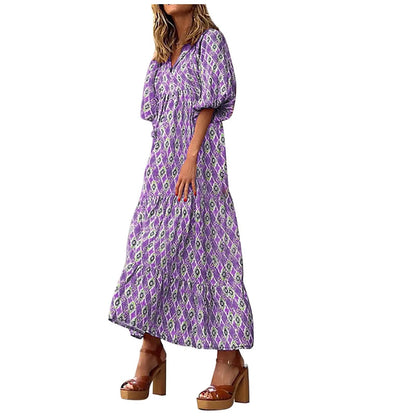 Fashion Women Print Dress Summer Loose Boho Dress Casual Elegant Short Sleeve Beach Party Dresses For Woman Robe Femme 2024 New