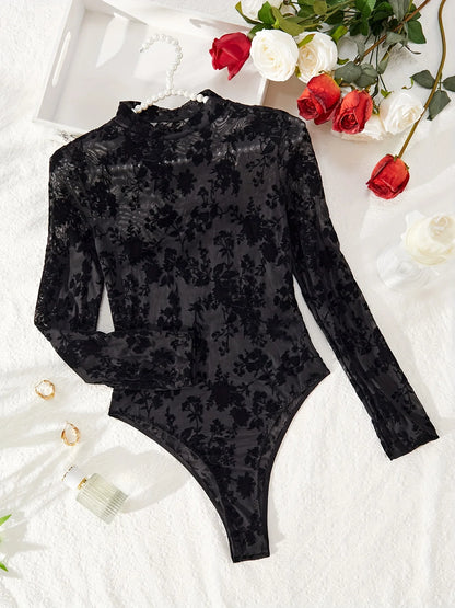 Hot Solid Jacquard Teddy, Long Sleeve Bodysuit, Women's Sexy Lingerie & Underwear - Bodystocking Stocking