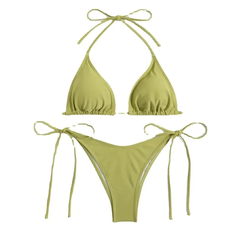 Sexy Women Thong Solid Color Bikini Set Side Halter Tie Swimsuit Ladies Split Strap Adjustable  Brazilian Swimwear Beachwear