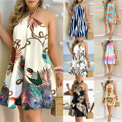 Dresses For Woman 2024 Sexy Sleeveless Backless Short Mini Dress Loose Halter Neck Print Beach Sundress Floral Vestidos S-3XL