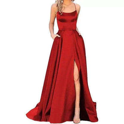 Women's Banquet Slit Long Dress 2024 New Bridesmaid Dress With Small Tail Suspender Solid Color Banquet Evening Dress Long Dress