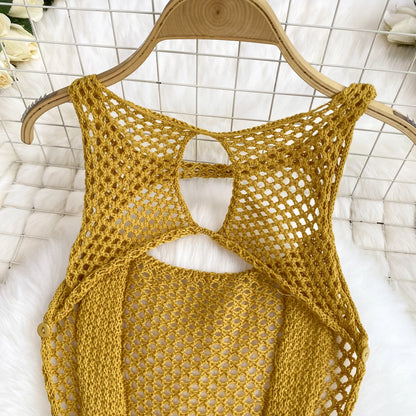 SINGREINY Yellow Sleeveless Jumpsuit Women Hollow Out O Neck Elegant Stretch Transparent Ladies Casual Summer Slim Rompers