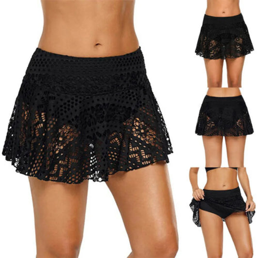 Women Lace Crochet Skirt Shorts Bikini Bottom Swimsuit Short Skort Swim Skirts Swimwear Swimming Trunks High Waist Beach Skirt