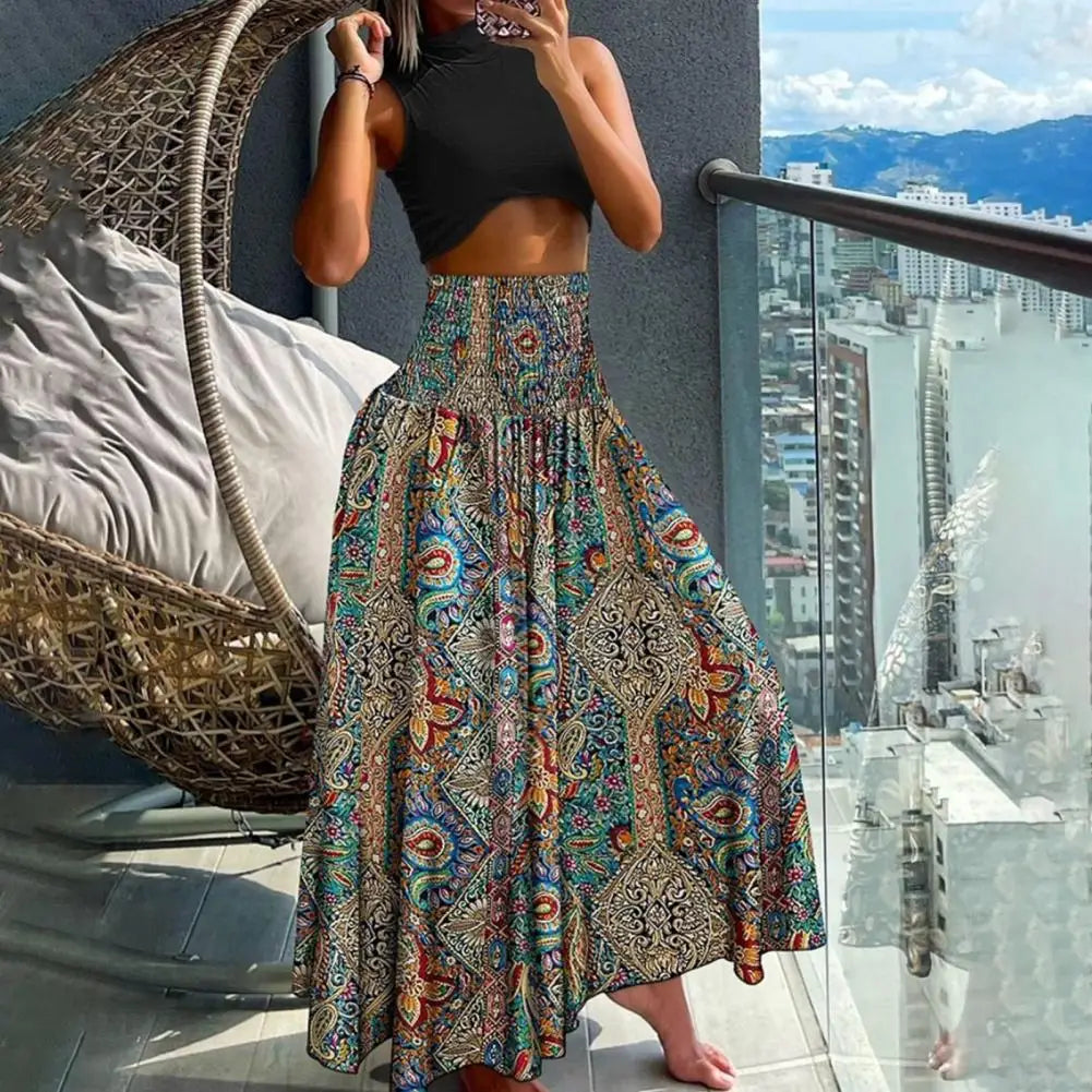 Women Maxi Skirt High Waist Wide Elastic Waist A-Line Retro Printed Skirt Summer Loose Fit Long Skirt Streetwear Платье Maxi