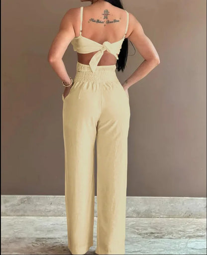 Summer Spaghetti Strap Fashion Jumpsuit New Women Floral Pattern Shirred Hollow Out Casual Asymmetricsal Neck Backless Jumpsuits