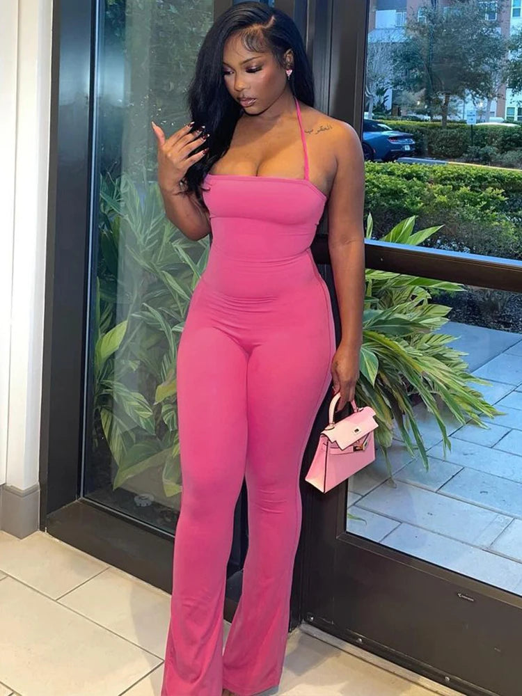 Hugcitar 2024 Spring Halter Solid Sleeveless Backless Sexy Bodycon Flare Pants Jumpsuit Women Casual Rompers Streetwear Festival