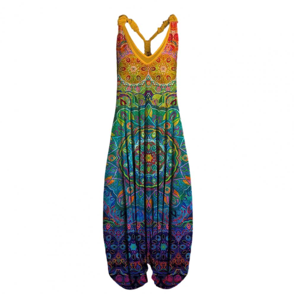 Vintage Ethnic Style S-4XL Women Casual Floral Rompers Loose Boho Casual Jumpsuits Sleeveless Print Strappy Jumpsuit 2022 New